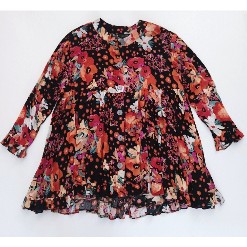NWT Rachel Zoe Floral Print Oversized Tunic Top Ruffle Hi Low Hem Button Front